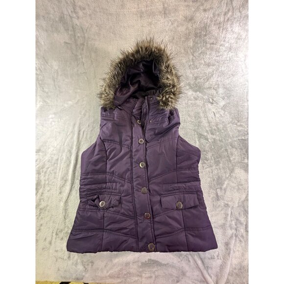New York & Company Vest Women's Medium Purple Hooded Puffer Vest w/ Faux Fur Tri - Picture 8 of 9